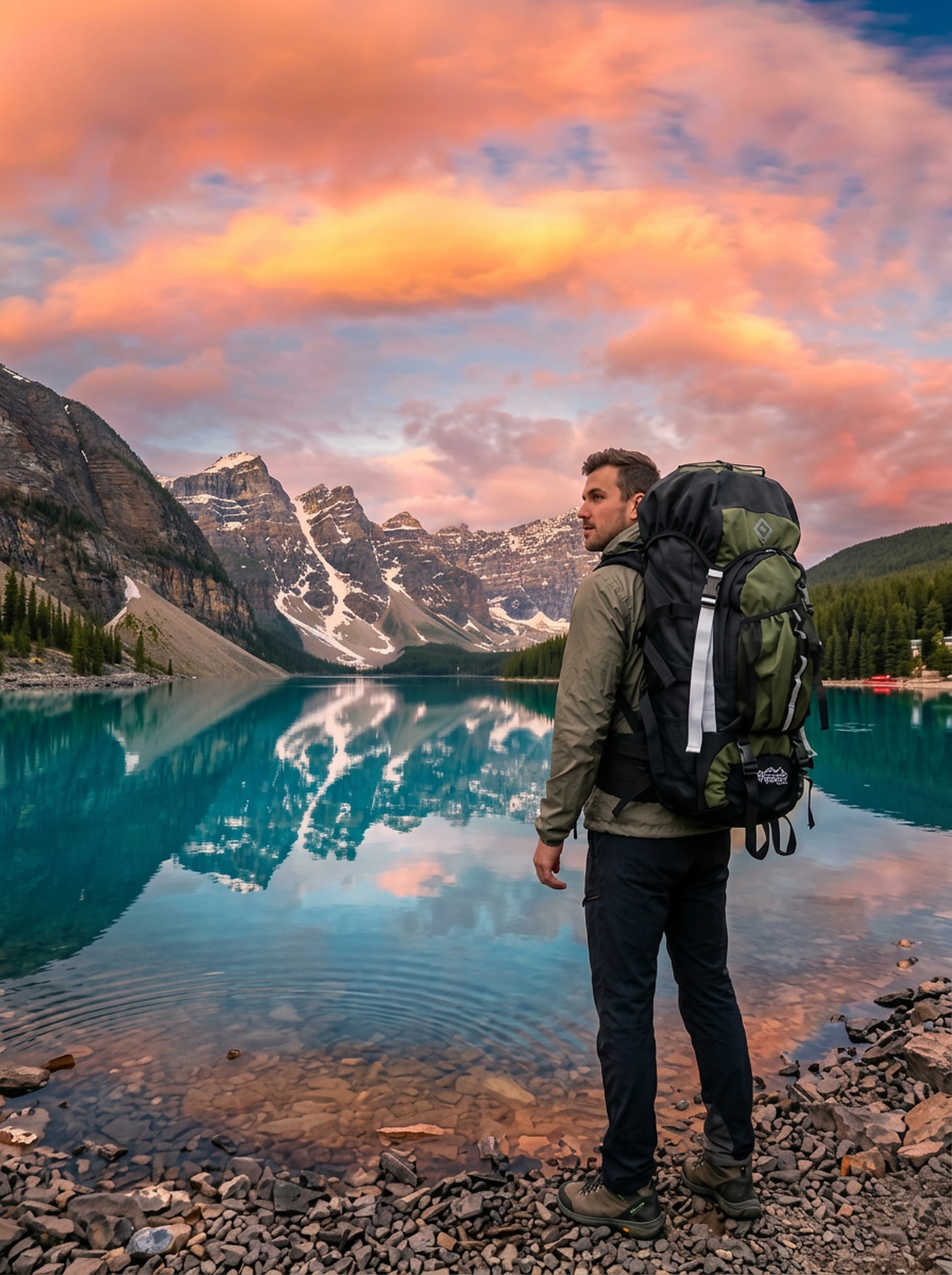 Lone traveller overlooking a vast mountain valley at golden hour